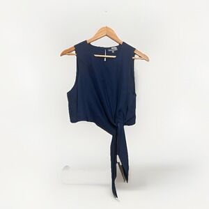 Emerson Thorpe 100% Silk Top Sleeveless Medium Tie Front Crop Blouse Navy Blue